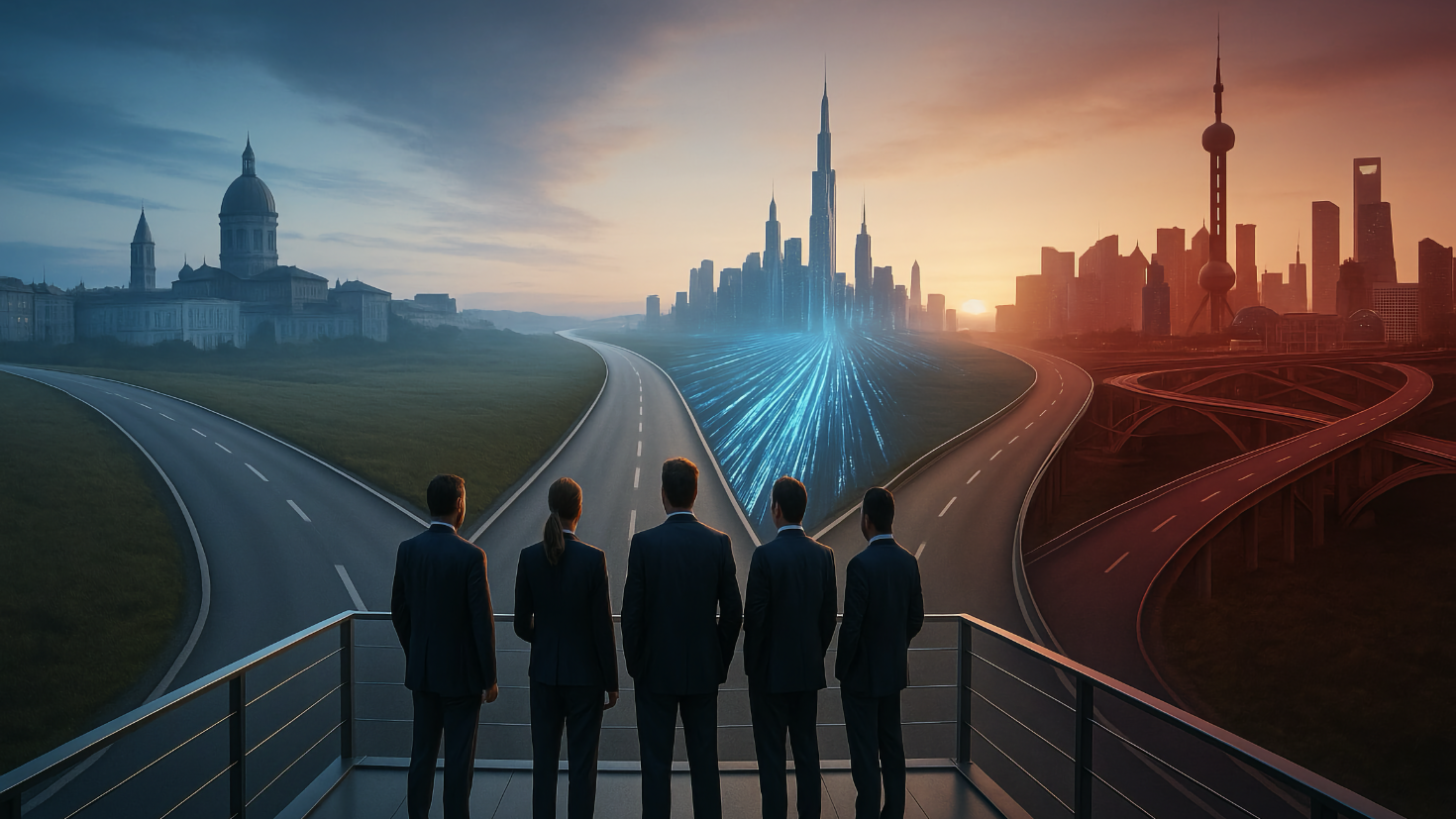 Business executives in suits stand on a glass platform at a crossroads, overlooking three diverging roads leading to a classical European city in soft blue light, a futuristic American skyline with glowing data streams, and a Chinese metropolis with red-toned interconnected bridges, symbolising transparency, innovation, and integration. (Image generated by ChatGPT 5) Business executives in suits stand on a glass platform at a crossroads, overlooking three diverging roads leading to a classical European city in soft blue light, a futuristic American skyline with glowing data streams, and a Chinese metropolis with red-toned interconnected bridges, symbolising transparency, innovation, and integration. (Image generated by ChatGPT 5)