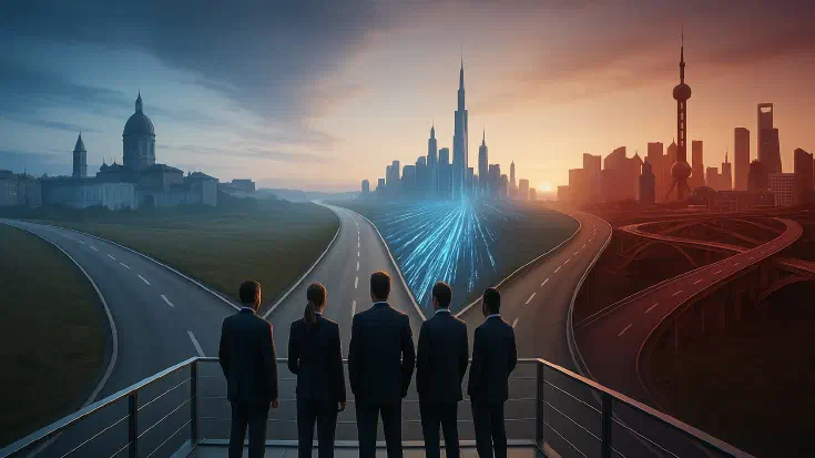 Business executives in suits stand on a glass platform at a crossroads, overlooking three diverging roads leading to a classical European city in soft blue light, a futuristic American skyline with glowing data streams, and a Chinese metropolis with red-toned interconnected bridges, symbolising transparency, innovation, and integration. (Image generated by ChatGPT 5)
