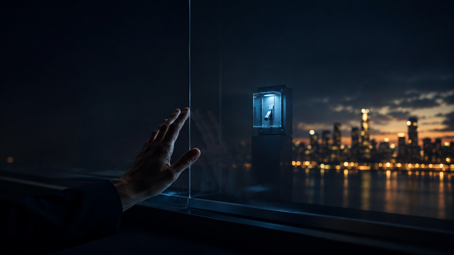 A human hand pressed flat against a dark glass barrier at night, reaching toward an illuminated toggle switch mounted in a glass housing on the far side of the glass, out of reach, with a warm-lit city skyline glowing across water beyond, a visual reframe of a control that is visible but held elsewhere, behind a barrier the hand cannot cross