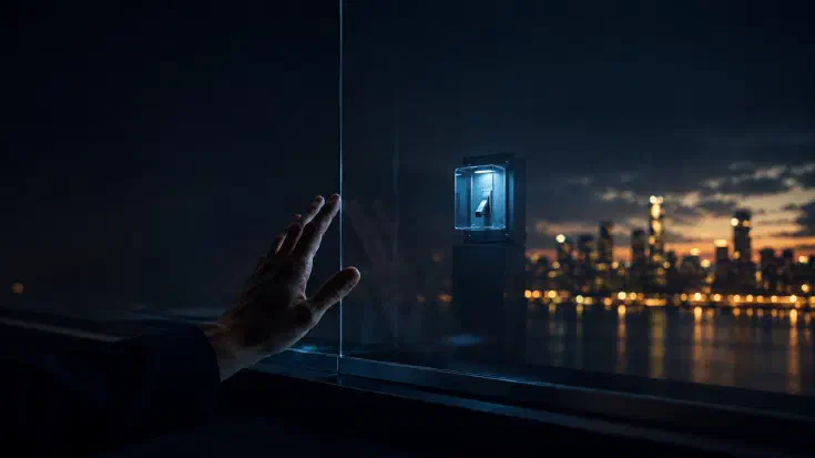 A human hand pressed flat against a dark glass barrier at night, reaching toward an illuminated toggle switch mounted in a glass housing on the far side of the glass, out of reach, with a warm-lit city skyline glowing across water beyond, a visual reframe of a control that is visible but held elsewhere, behind a barrier the hand cannot cross (Image generated by ChatGPT 5.4)