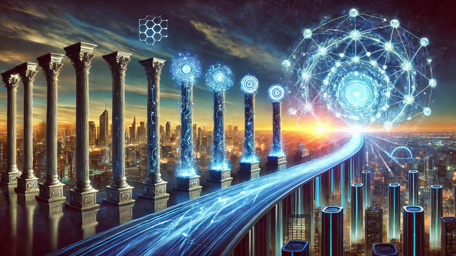 A futuristic digital painting depicting the increasing maturity of AI. A glowing blue bridge symbolises progress, supported by five distinct pillars representing different stages of AI development. The left side of the image is darker, illustrating early AI with basic automation, while the right side transitions into an advanced AI-powered city, illuminated with intricate blue light networks, symbolising intelligence and connectivity (Image generated by ChatGPT 4o).