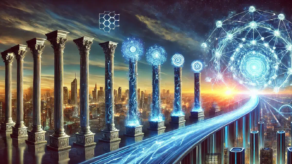 A futuristic digital painting depicting the increasing maturity of AI. A glowing blue bridge symbolises progress, supported by five distinct pillars representing different stages of AI development. The left side of the image is darker, illustrating early AI with basic automation, while the right side transitions into an advanced AI-powered city, illuminated with intricate blue light networks, symbolising intelligence and connectivity (Image generated by ChatGPT 4o).