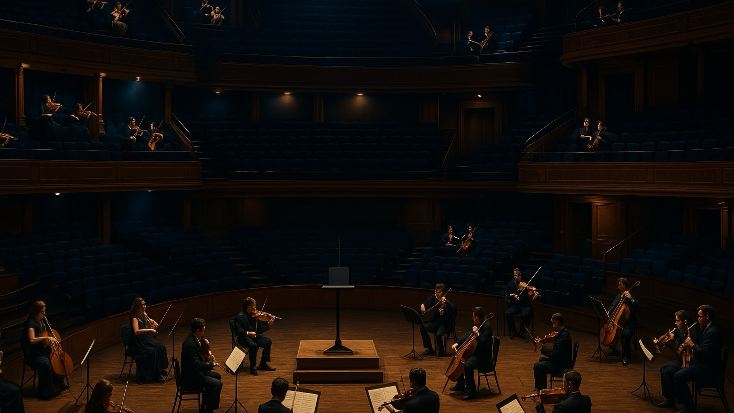Multiple small groups of musicians scattered across a grand concert hall, each playing different pieces of music simultaneously, creating fragmentation despite individual excellence (Image generated by ChatGPT 5)
