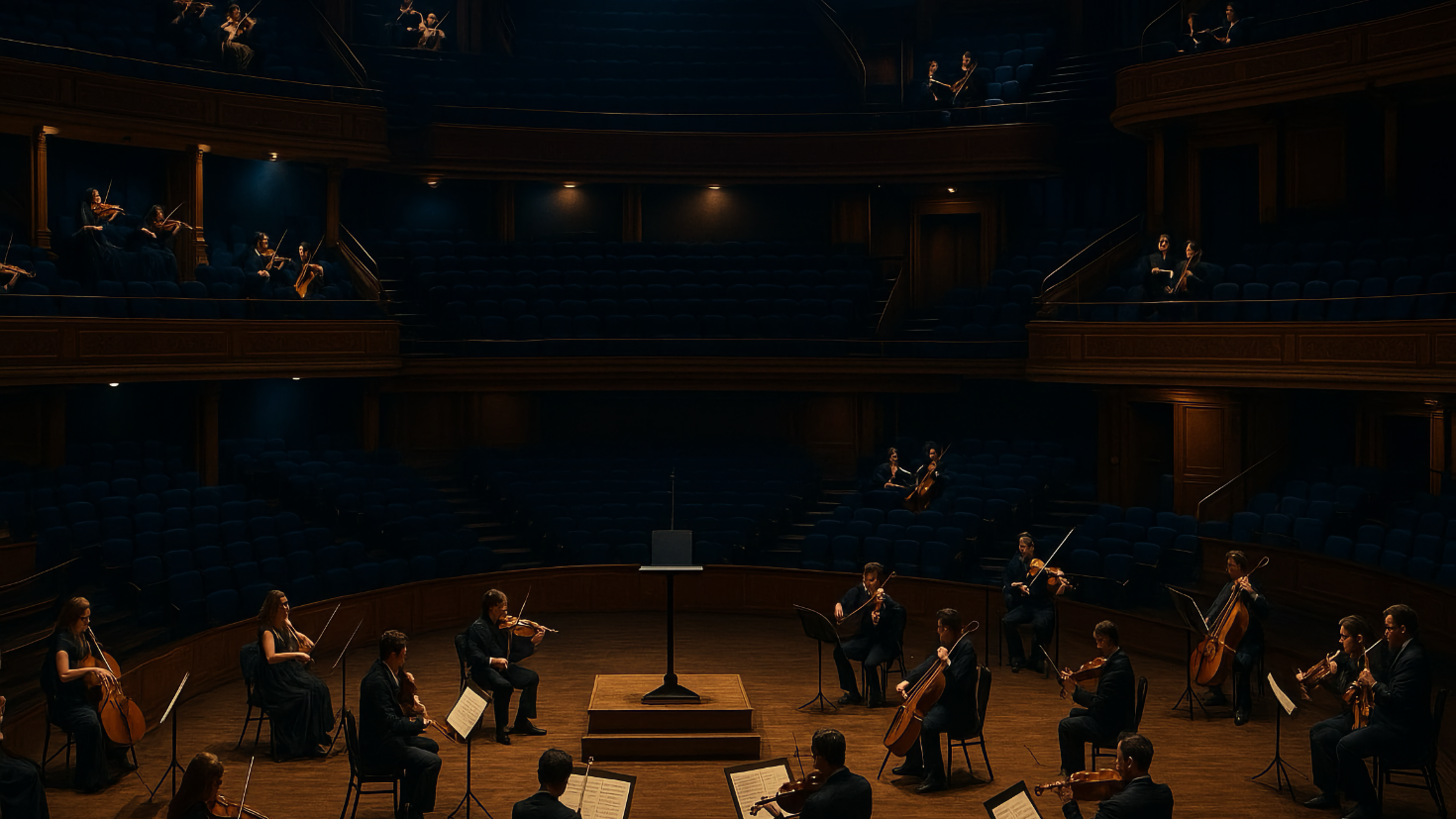 Multiple small groups of musicians scattered across a grand concert hall, each playing different pieces of music simultaneously, creating fragmentation despite individual excellence (Image generated by ChatGPT 5)