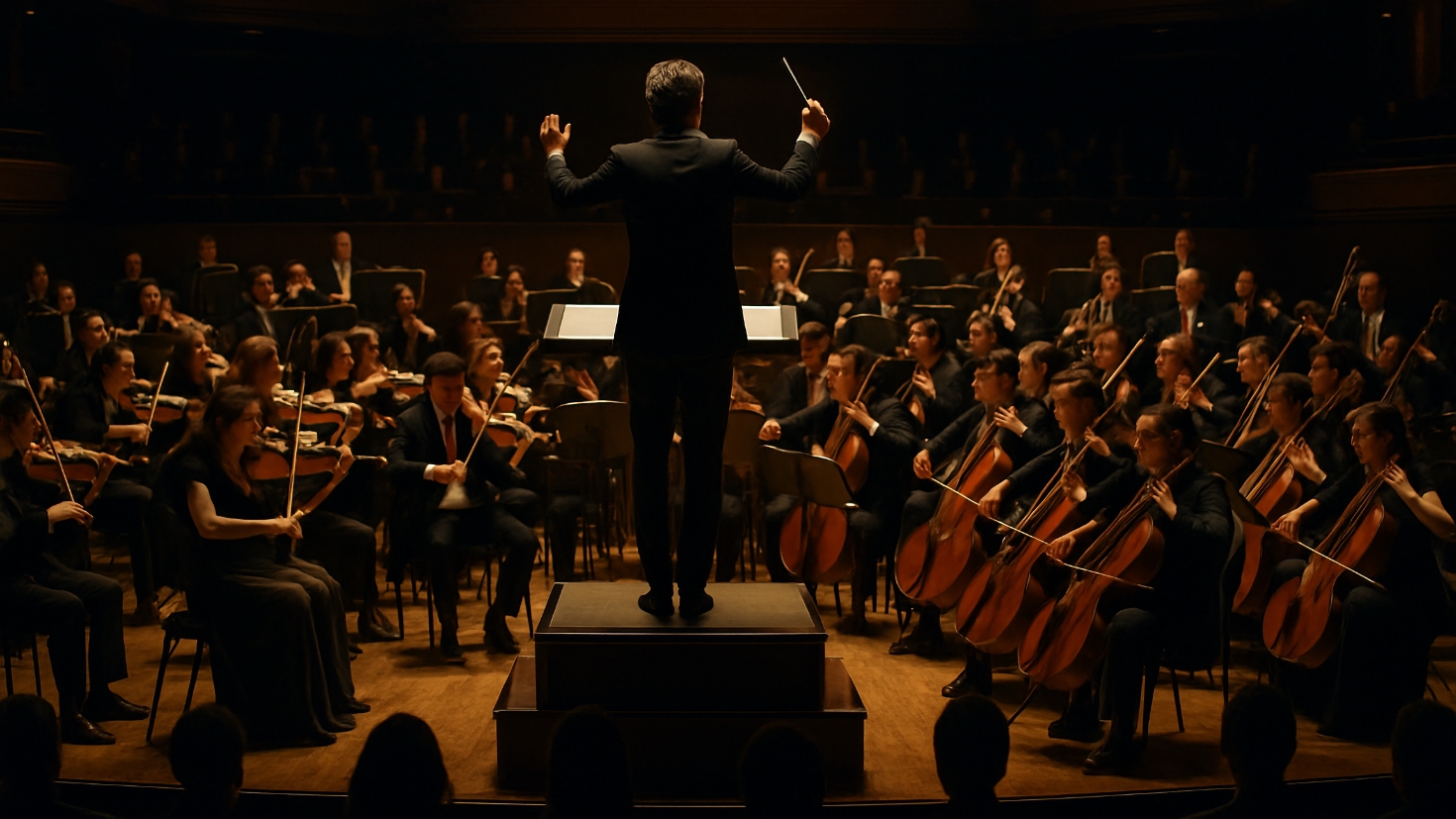 A grand concert hall with a full orchestra mid-performance, perfectly synchronised under the conductor's dynamic leadership. Every section plays in harmony with subtle motion blur suggesting bow movements, while the audience sits in shadow, leaning forward in engagement. Golden stage lighting creates unity across the entire ensemble, representing coherent actions transforming strategy into systematic execution (Image generated by ChatGPT 5)