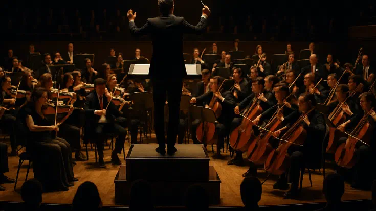A grand concert hall with a full orchestra mid-performance, perfectly synchronised under the conductor's dynamic leadership. Every section plays in harmony with subtle motion blur suggesting bow movements, while the audience sits in shadow, leaning forward in engagement. Golden stage lighting creates unity across the entire ensemble, representing coherent actions transforming strategy into systematic execution (Image generated by ChatGPT 5)