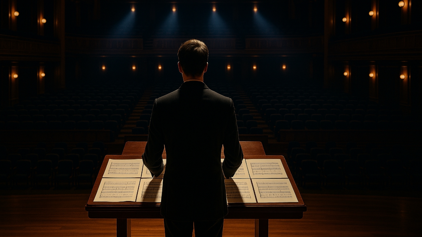 A concert hall with a conductor at the podium studying six different musical scores spread before them, with six distinct beams of stage light illuminating different sections of empty orchestra seats, representing the Six Concerns that must be understood as an interconnected system rather than isolated elements (Image generated by ChatGPT 5)