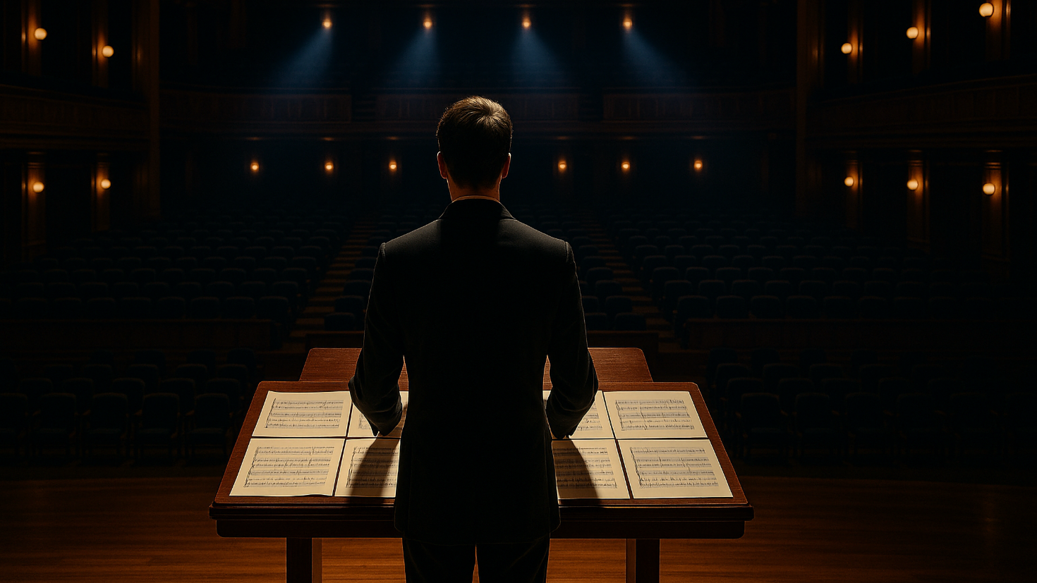 A concert hall with a conductor at the podium studying six different musical scores spread before them, with six distinct beams of stage light illuminating different sections of empty orchestra seats, representing the Six Concerns that must be understood as an interconnected system rather than isolated elements (Image generated by ChatGPT 5)