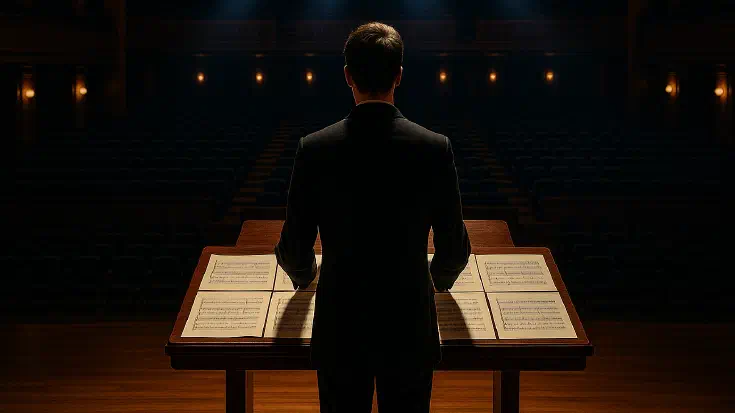 A concert hall with a conductor at the podium studying six different musical scores spread before them, with six distinct beams of stage light illuminating different sections of empty orchestra seats, representing the Six Concerns that must be understood as an interconnected system rather than isolated elements (Image generated by ChatGPT 5)