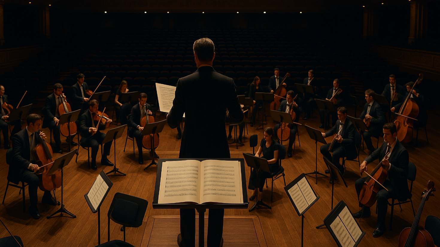 A grand concert hall where a conductor stands at the podium with a single master score before them, as musicians take their positions in the orchestra pit at varying stages of readiness – some sections fully assembled and tuning in harmony, others still gathering with sheet music being distributed – representing the Complete AI Framework orchestrating multi-speed adoption through systematic governance (Image generated by ChatGPT 5)