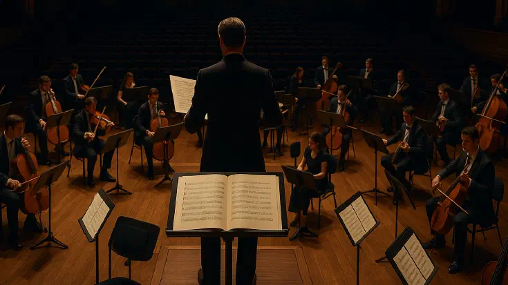 A grand concert hall where a conductor stands at the podium with a single master score before them, as musicians take their positions in the orchestra pit at varying stages of readiness – some sections fully assembled and tuning in harmony, others still gathering with sheet music being distributed – representing the Complete AI Framework orchestrating multi-speed adoption through systematic governance (Image generated by ChatGPT 5)