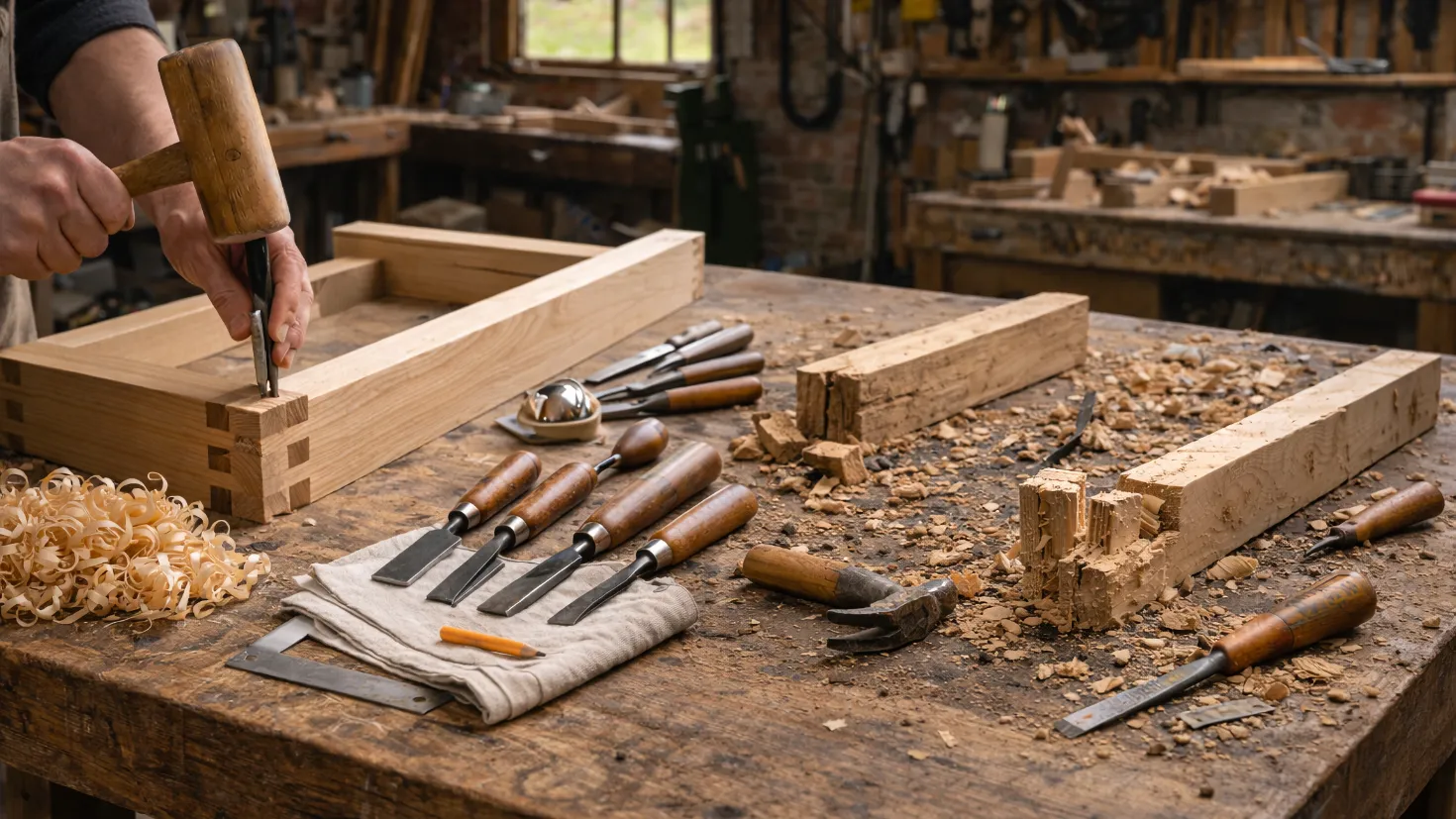 Skilled hands using a mallet and chisel to craft precise dovetail joints on a wooden frame in a traditional workshop