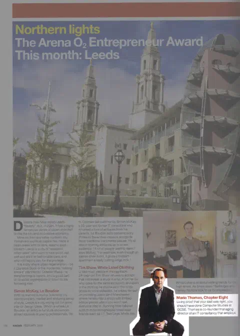 A scan of Arena magazine highlighting Mario Thomas and other finalists in the Arena O2 X Club Awards (page one)