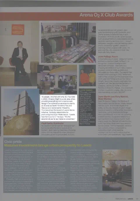 A scan of Arena magazine highlighting Mario Thomas and other finalists in the Arena O2 X Club Awards (page two)