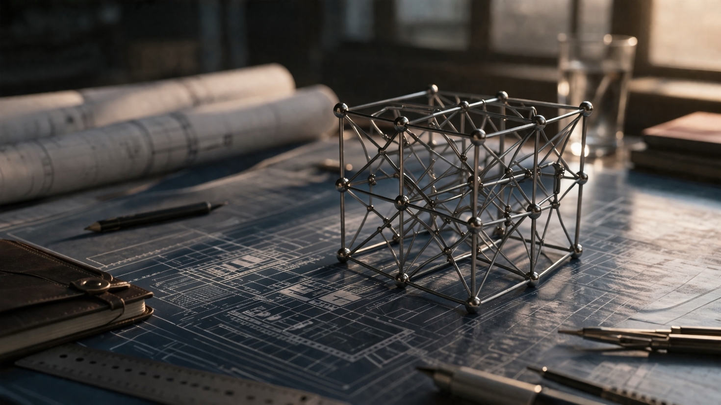 A geometric wire-frame lattice structure resting on architectural blueprints, surrounded by drafting tools, symbolising the formal constraints and mathematical rigour that underpin automated reasoning (Image generated by ChatGPT 5.4) A geometric wire-frame lattice structure resting on architectural blueprints, surrounded by drafting tools, symbolising the formal constraints and mathematical rigour that underpin automated reasoning (Image generated by ChatGPT 5.4)