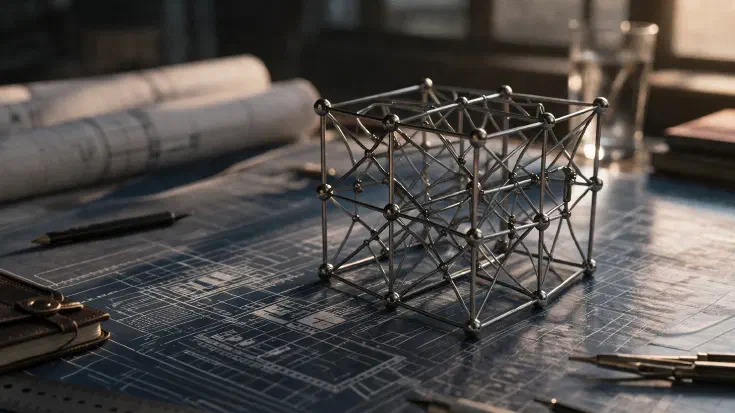 A geometric wire-frame lattice structure resting on architectural blueprints, surrounded by drafting tools, symbolising the formal constraints and mathematical rigour that underpin automated reasoning (Image generated by ChatGPT 5.4)