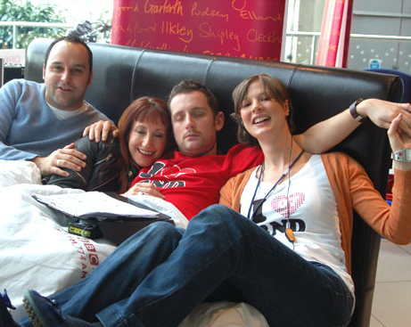 Mario, Graham, and Nicky in a giant water-bed at the National Media Museum in Bradford for Comic Relief