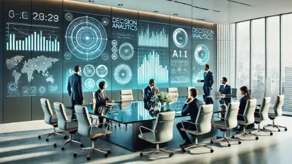 A contemporary boardroom scene with executives thoughtfully engaging with futuristic holographic visuals