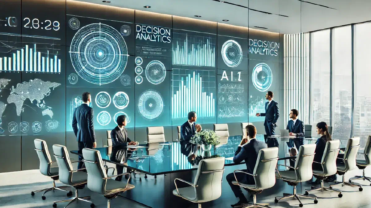A contemporary boardroom scene with executives thoughtfully engaging with futuristic holographic visuals above a polished table, displaying graphical analytics and predictive indicators, symbolising the strategic shift toward decision analytics and AI-driven insights. (Image generated by ChatGPT-4o).