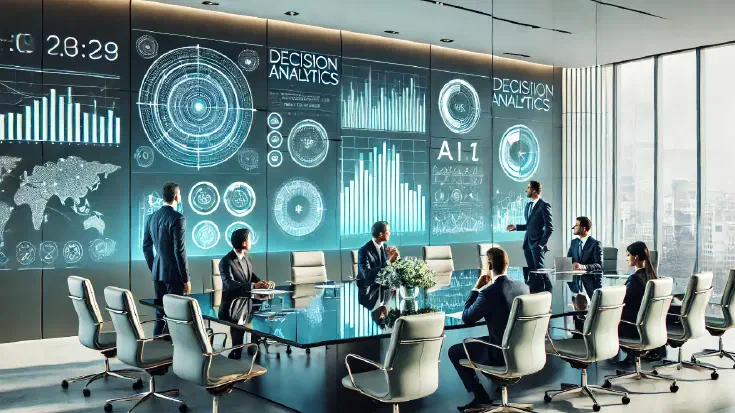 A contemporary boardroom scene with executives thoughtfully engaging with futuristic holographic visuals above a polished table, displaying graphical analytics and predictive indicators, symbolising the strategic shift toward decision analytics and AI-driven insights. (Image generated by ChatGPT-4o).