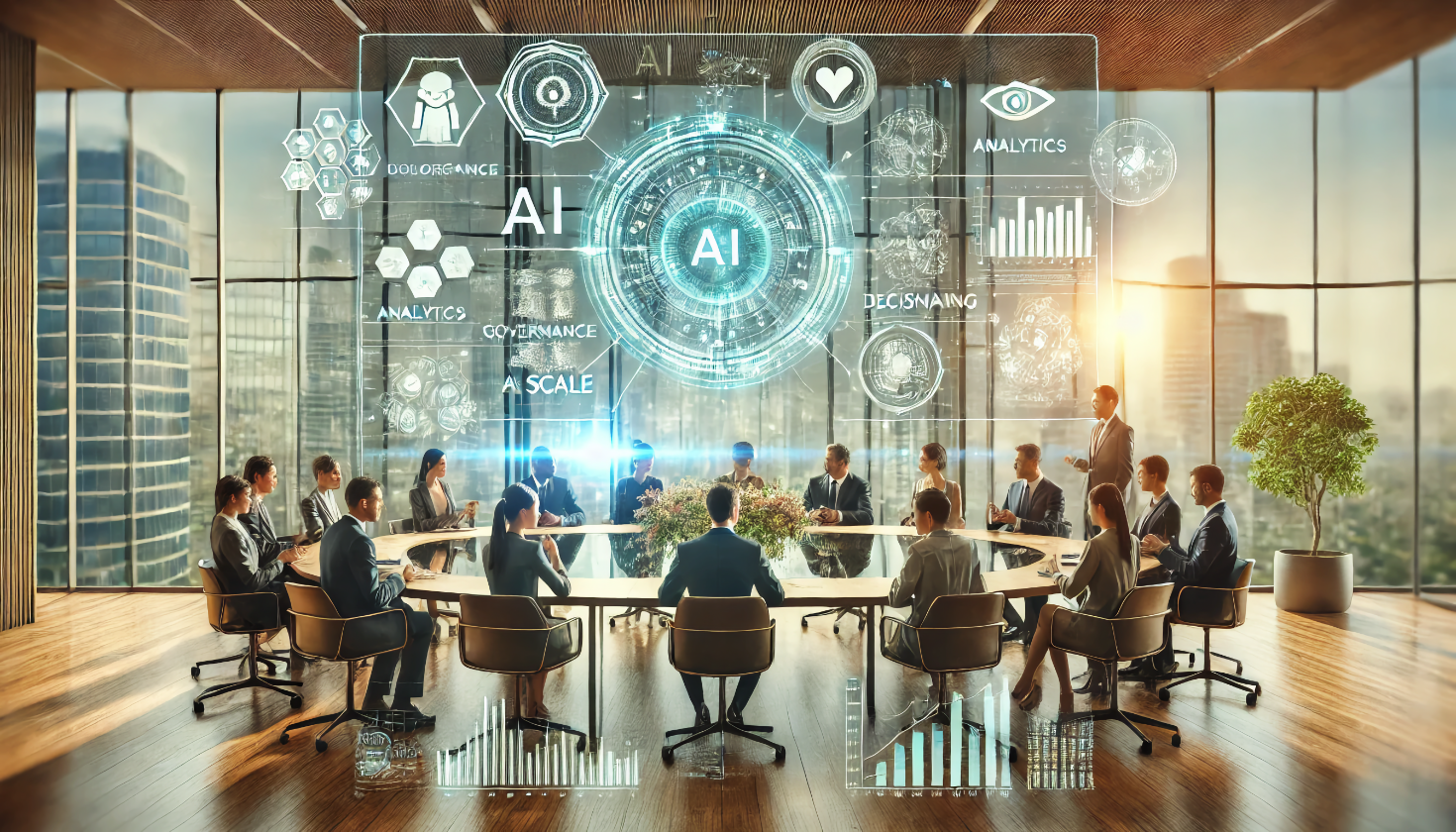 The image shows a futuristic boardroom with diverse professionals engaged in discussion around a central table, surrounded by holographic AI displays showing analytics and decision metrics, set against a bright cityscape and greenery, symbolizing collaboration, innovation, and ethical AI governance. (Image generated by ChatGPT 4o)