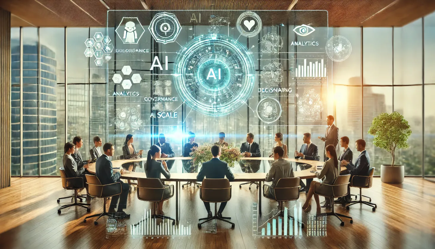 Futuristic boardroom with diverse professionals engaged in discussion around a central table