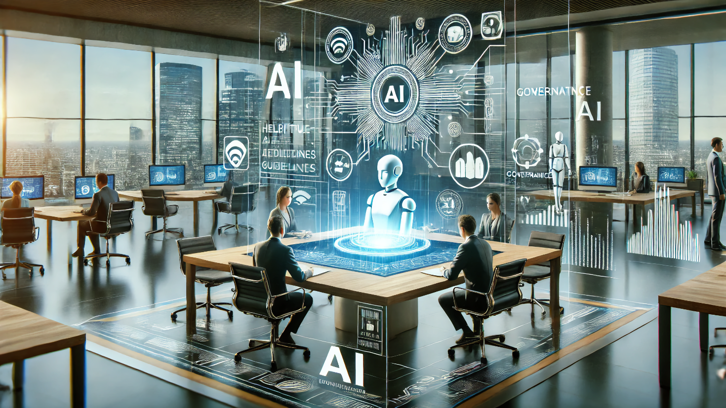 The image shows a modern business setting where AI is seamlessly integrated into operations, enhancing productivity while being governed by ethical guidelines. Executives collaborate with a digital assistant, with subtle guardrails symbolizing responsible AI use in a professional and balanced environment. (Image generated by ChatGPT 4o)