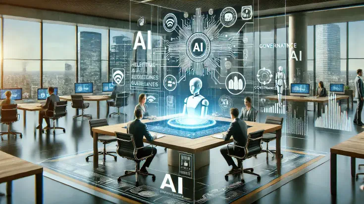The image shows a modern business setting where AI is seamlessly integrated into operations, enhancing productivity while being governed by ethical guidelines. Executives collaborate with a digital assistant, with subtle guardrails symbolizing responsible AI use in a professional and balanced environment. (Image generated by ChatGPT 4o)