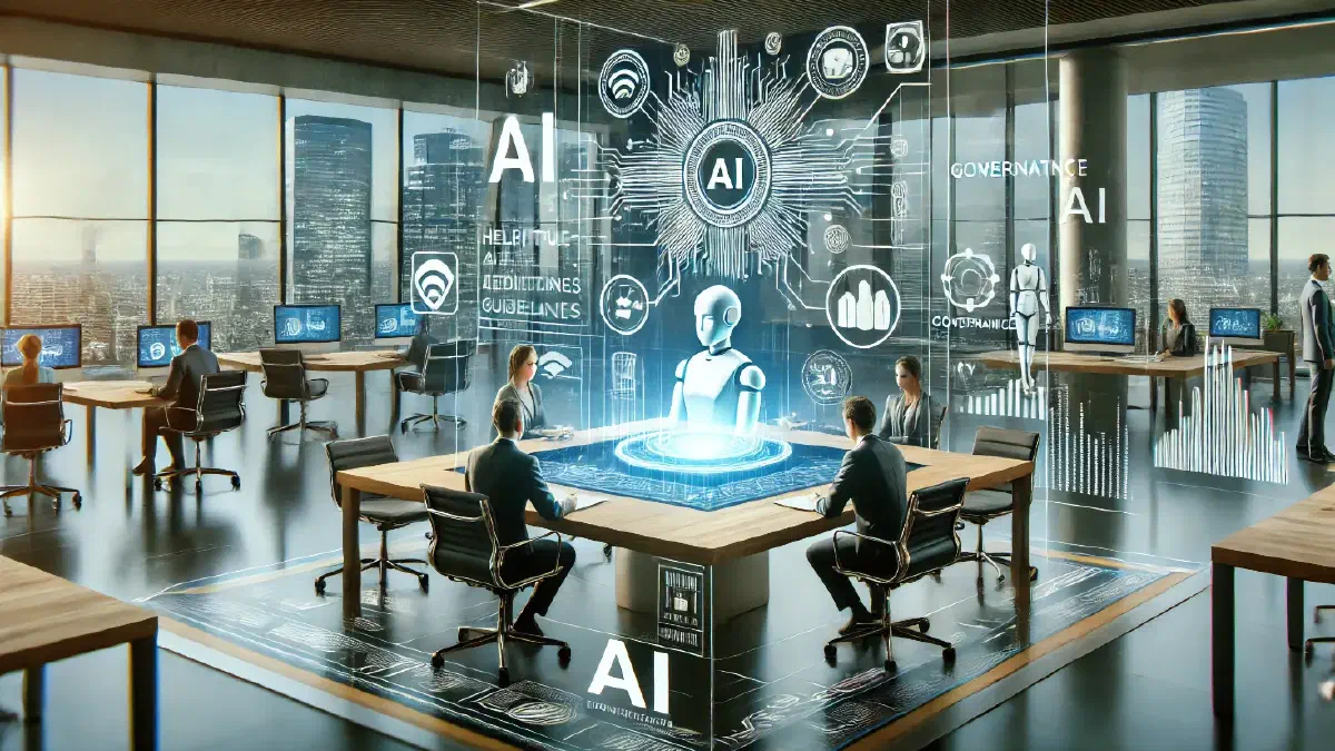 The image shows a modern business setting where AI is seamlessly integrated into operations, enhancing productivity while being governed by ethical guidelines. Executives collaborate with a digital assistant, with subtle guardrails symbolizing responsible AI use in a professional and balanced environment. (Image generated by ChatGPT 4o)