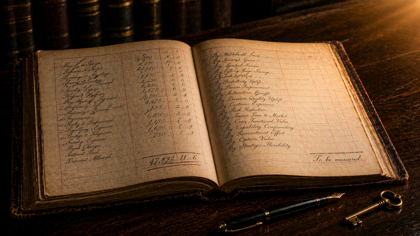 An editorial still-life photograph of an open antique accounting ledger on a dark wooden desk, lit by warm cinematic light from the upper right. The left-hand page is dense with handwritten entries and completes with an underlined subtotal; the right-hand page shows the same columnar structure with entries in the Particulars column but the value columns empty, and the phrase 'To be measured' handwritten at the bottom where a subtotal figure would normally sit. A fountain pen and a small brass key rest beside the ledger. A visual metaphor for the argument that the finance function's conventional ledger records what AI investment costs but does not yet have the instruments to measure what it produces. (Image generated by ChatGPT 5.4)