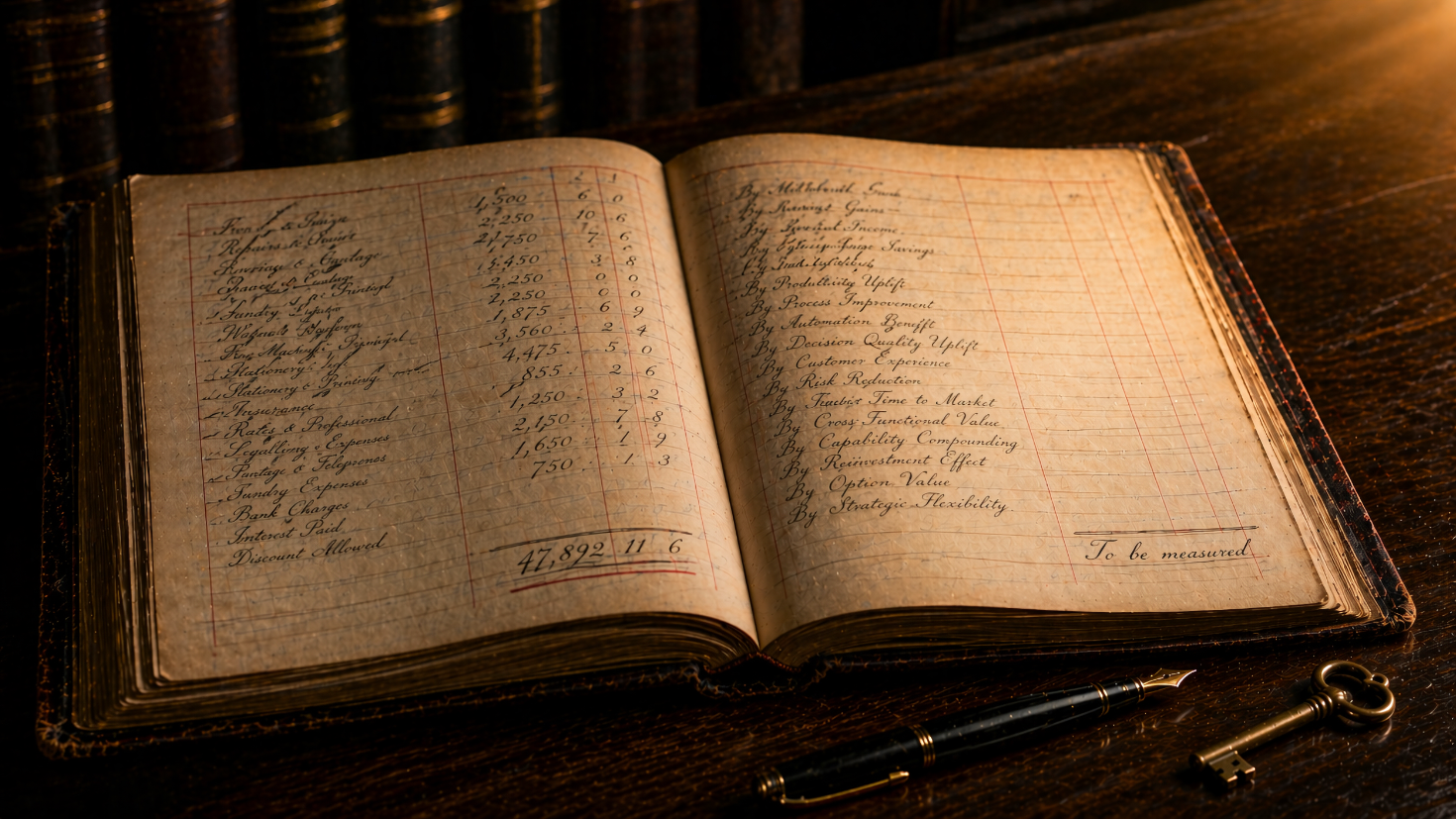 An editorial still-life photograph of an open antique accounting ledger on a dark wooden desk, lit by warm cinematic light. The left-hand page is dense with handwritten entries; the right-hand page shows the same columnar structure with entries but the value columns empty, with 'To be measured' written where the subtotal would sit.