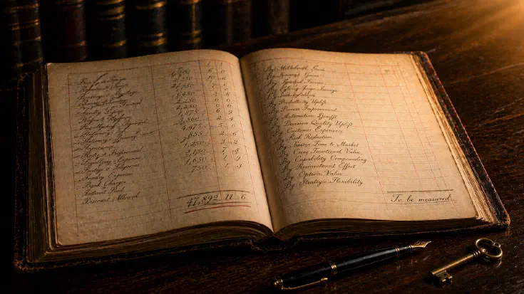 An editorial still-life photograph of an open antique accounting ledger on a dark wooden desk, lit by warm cinematic light from the upper right. The left-hand page is dense with handwritten entries and completes with an underlined subtotal; the right-hand page shows the same columnar structure with entries in the Particulars column but the value columns empty, and the phrase 'To be measured' handwritten at the bottom where a subtotal figure would normally sit. A fountain pen and a small brass key rest beside the ledger. A visual metaphor for the argument that the finance function's conventional ledger records what AI investment costs but does not yet have the instruments to measure what it produces. (Image generated by ChatGPT 5.4)