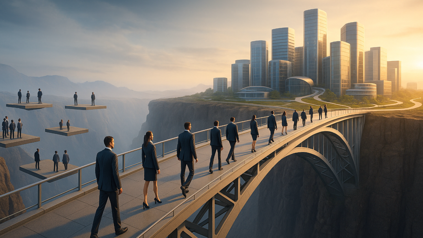 Business executives in suits walking across a modern steel bridge spanning a dramatic canyon, moving from scattered floating platforms symbolising isolated pilot projects toward a futuristic interconnected city glowing in golden light, representing the journey from fragmented efforts to systematic business transformation. (Image generated by ChatGPT 5)