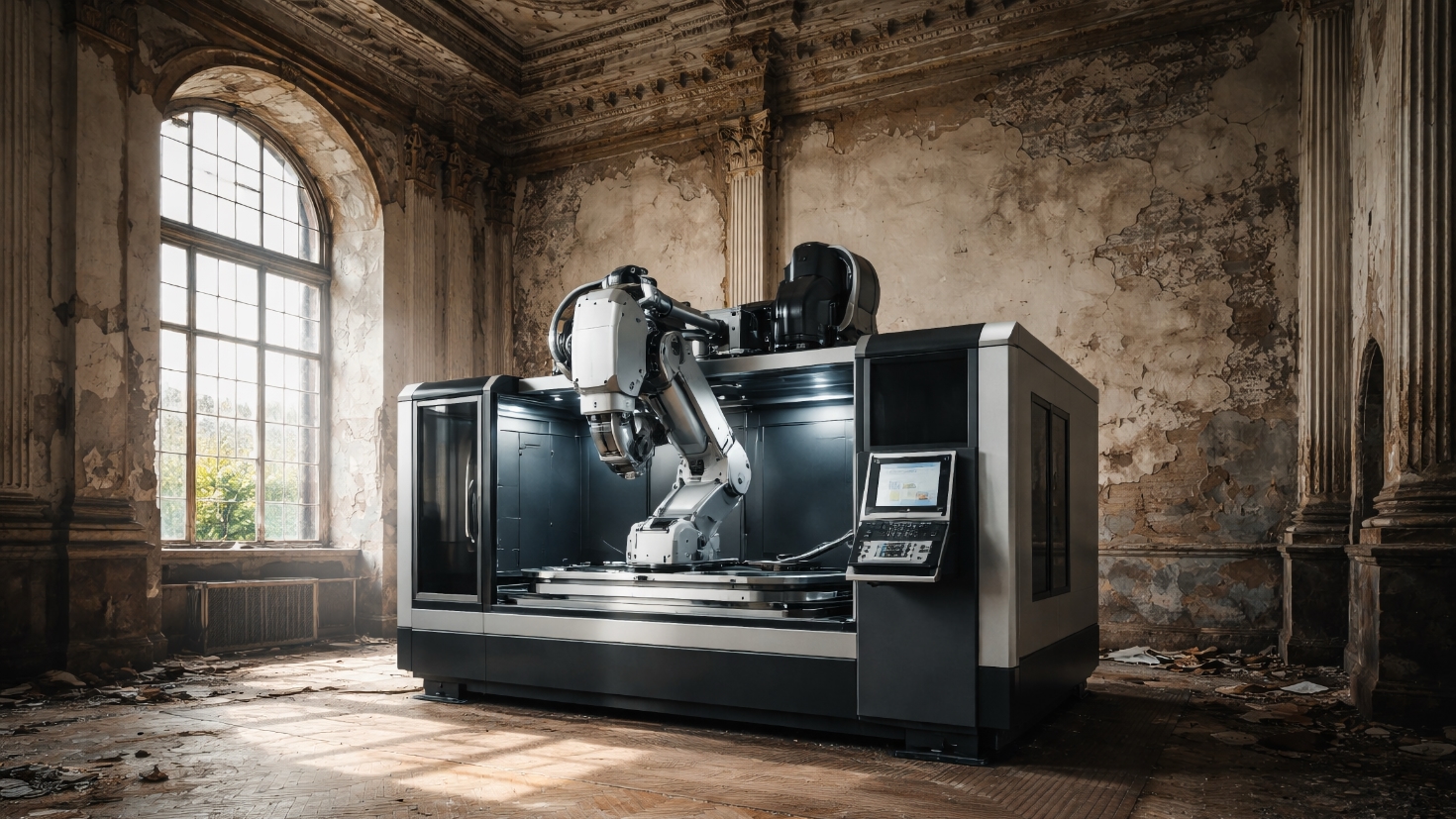 State-of-the-art industrial robotic machinery installed in a grand but structurally compromised room with crumbling ornate plaster walls, peeling paint, arched windows letting in natural light, and debris scattered across a deteriorating parquet floor—a visual metaphor for investing in advanced AI capabilities without addressing underlying data quality foundations (Image generated by ChatGPT 5.2)