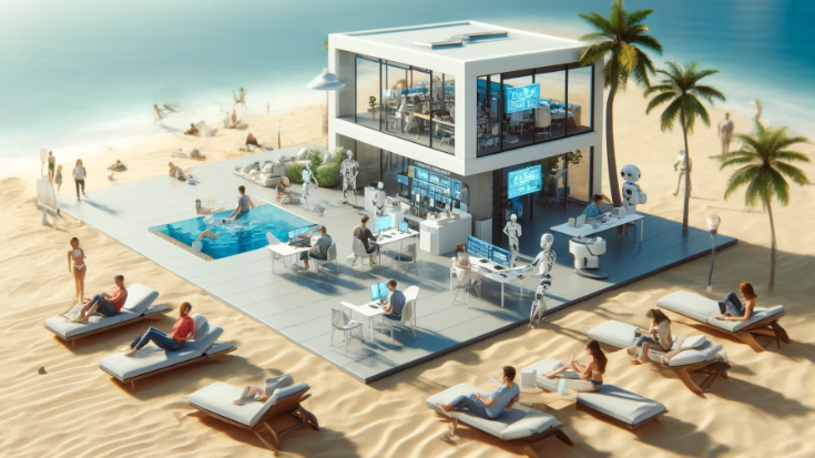 A futuristic office seamlessly blended with a beach setting. It shows humans relaxing and working alongside AI robots, reflecting a balanced lifestyle where work and leisure coexist harmoniously (Image generated by ChatGPT 4o).