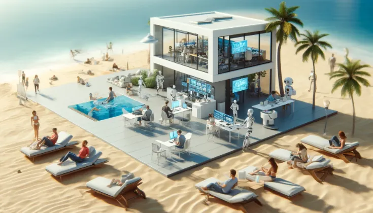 A futuristic office seamlessly blended with a beach setting. It shows humans relaxing and working alongside AI robots, reflecting a balanced lifestyle where work and leisure coexist harmoniously (Image generated by ChatGPT 4o).