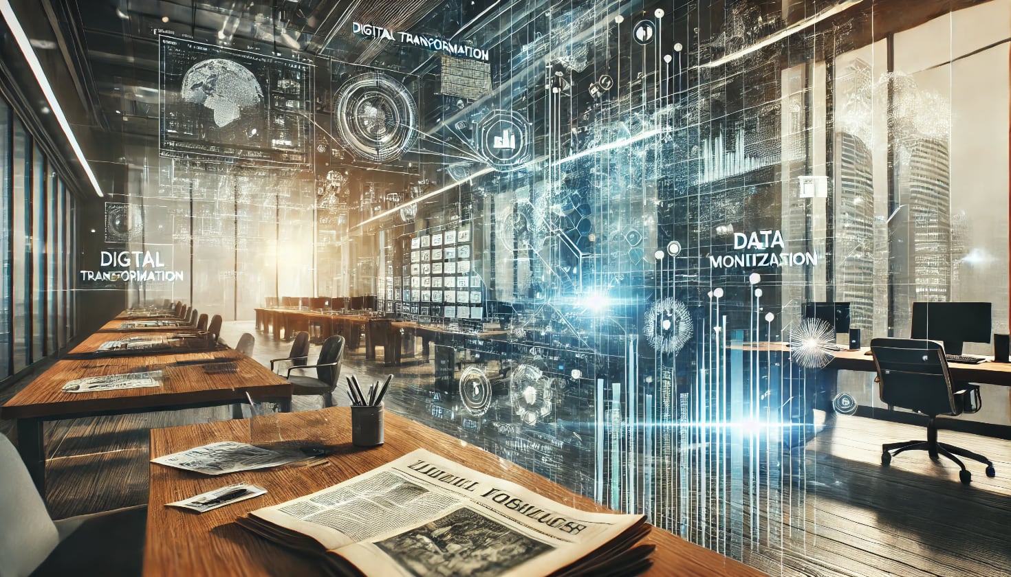 The image features a sophisticated office setting with futuristic holographic data displays and digital streams. In the background, there are subtle visuals of historical newspapers and documents, including folded stacks and old headlines, seamlessly integrated with the modern tech environment. The image uses vibrant blue and white tones for the tech elements and sepia accents for the newspaper visuals, symbolizing the convergence of past and present in digital transformation. (Image generated by ChatGPT 4o)