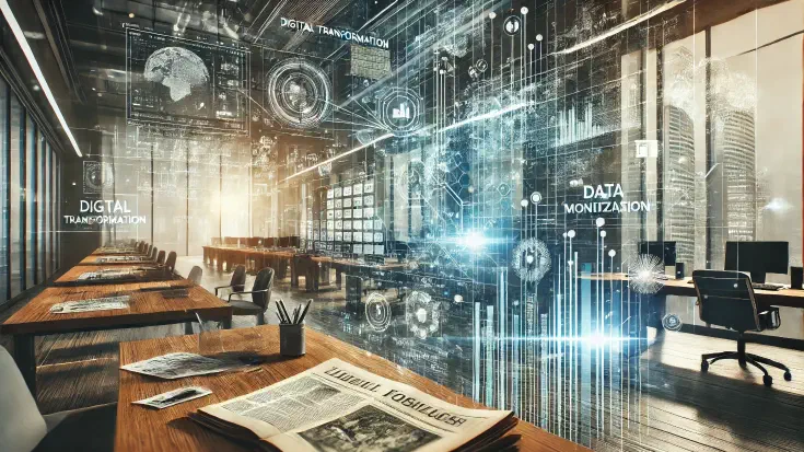 The image features a sophisticated office setting with futuristic holographic data displays and digital streams. In the background, there are subtle visuals of historical newspapers and documents, including folded stacks and old headlines, seamlessly integrated with the modern tech environment. The image uses vibrant blue and white tones for the tech elements and sepia accents for the newspaper visuals, symbolizing the convergence of past and present in digital transformation. (Image generated by ChatGPT 4o)