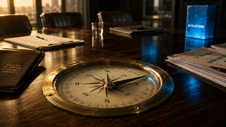 A brass compass set into a boardroom table, its needle pulled away from true north toward a glowing blue device, while a leather folder marked Values, Purpose, Integrity, Respect rests at the table's edge — a visual reframe of an organisation's values deflected off course by a standard built into its AI (Image generated by ChatGPT 5.4)