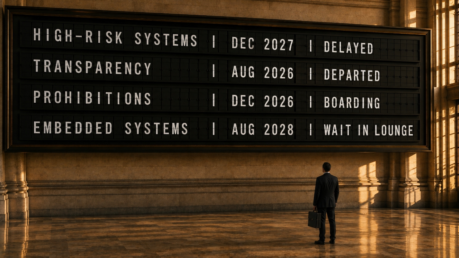 A vast split-flap departures board mounted on the marble wall of a grand institutional concourse, its four rows announcing the EU AI Act's provisions as though they were flights: high-risk systems delayed to December 2027, transparency departed on schedule in August 2026, prohibitions boarding for December 2026, and embedded systems told to wait in the lounge until August 2028, while a lone director in a dark suit stands small beneath the board with a briefcase, reading a timetable that has just changed around him, a visual rendering of the article's argument that the deferral moved some departures and not others, and that the traveller's obligations did not move at all (Image generated by ChatGPT 5.6) A vast split-flap departures board mounted on the marble wall of a grand institutional concourse, its four rows announcing the EU AI Act's provisions as though they were flights: high-risk systems delayed to December 2027, transparency departed on schedule in August 2026, prohibitions boarding for December 2026, and embedded systems told to wait in the lounge until August 2028, while a lone director in a dark suit stands small beneath the board with a briefcase, reading a timetable that has just changed around him, a visual rendering of the article's argument that the deferral moved some departures and not others, and that the traveller's obligations did not move at all (Image generated by ChatGPT 5.6)