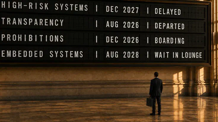 A vast split-flap departures board mounted on the marble wall of a grand institutional concourse, its four rows announcing the EU AI Act's provisions as though they were flights: high-risk systems delayed to December 2027, transparency departed on schedule in August 2026, prohibitions boarding for December 2026, and embedded systems told to wait in the lounge until August 2028, while a lone director in a dark suit stands small beneath the board with a briefcase, reading a timetable that has just changed around him, a visual rendering of the article's argument that the deferral moved some departures and not others, and that the traveller's obligations did not move at all (Image generated by ChatGPT 5.6)