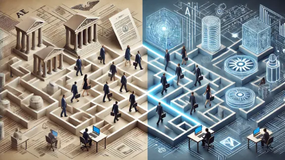 Illustration of a maze split into two halves representing regulatory complexity and AI innovation