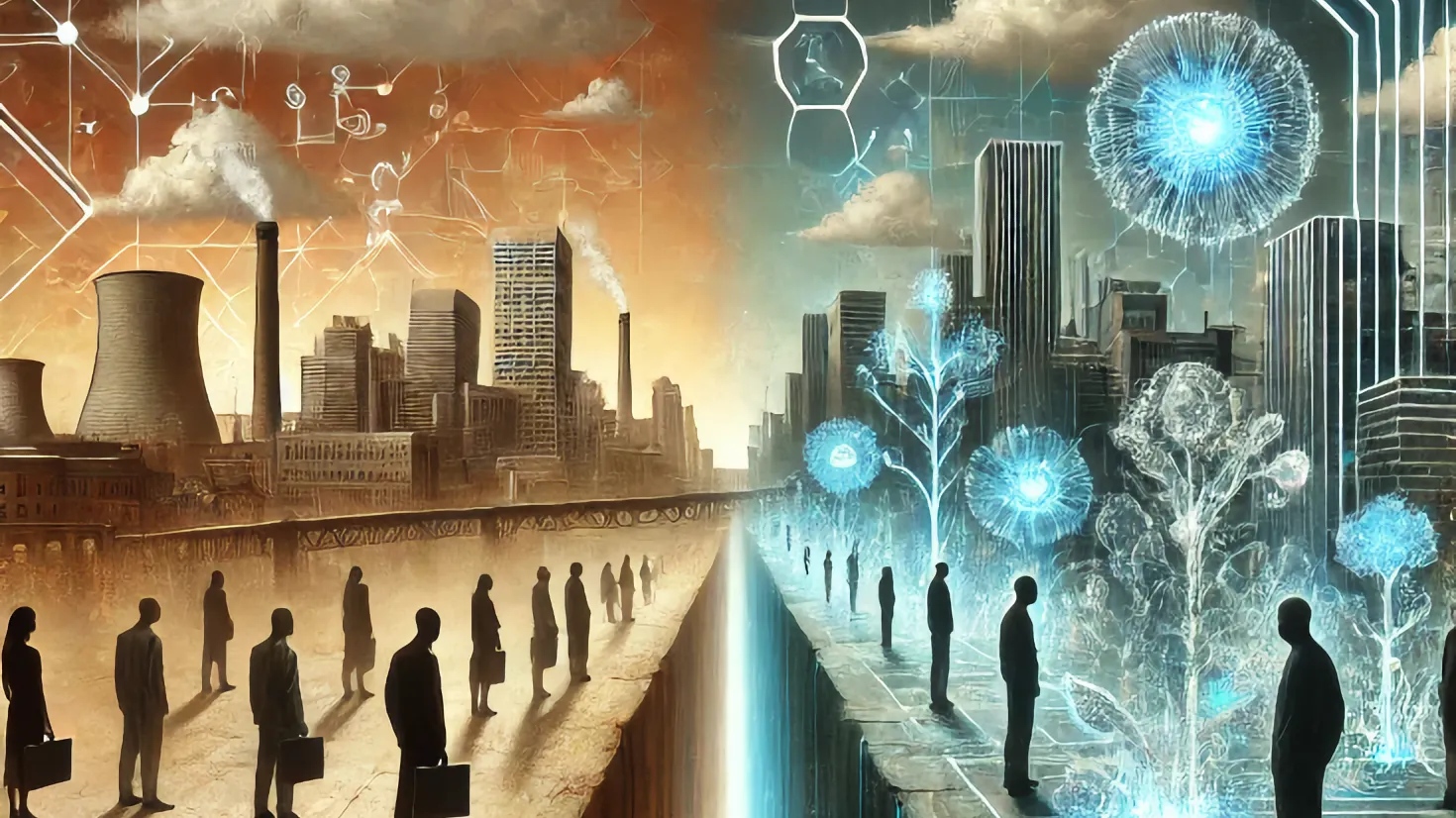 Futuristic business setting with professionals collaborating in a sleek office with AI visualizations