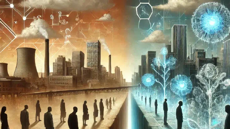 A dystopian image showing the essence of cultural challenges in AI adoption within Europe, blending innovation and resistance visually (Image generated by ChatGPT 4o).