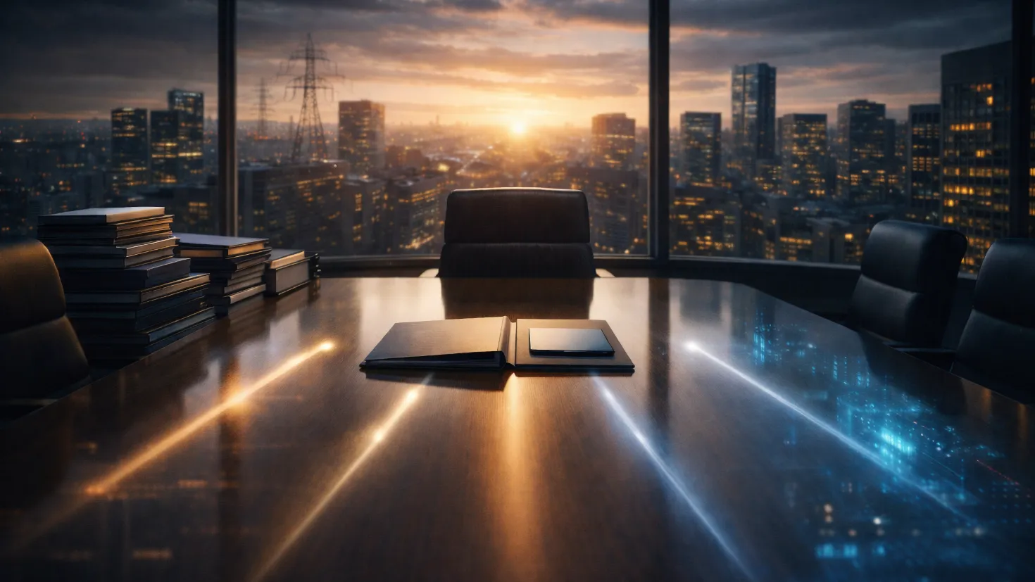 Empty leather executive chair at the head of a polished boardroom table with five luminous streaks of light converging across the table surface toward an open briefing document