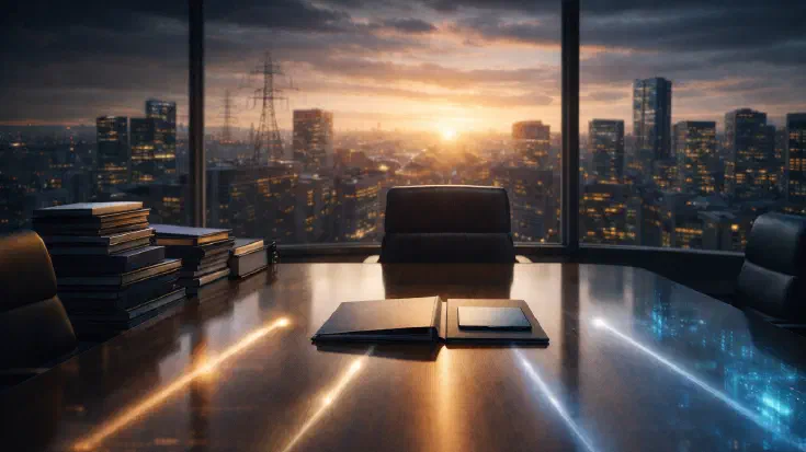 Empty leather executive chair at the head of a polished boardroom table, five luminous streaks of light converging across the table surface toward an open briefing document and pen at the centre, stack of reports to one side. Dawn light breaks through clouds over a city skyline visible through floor-to-ceiling windows, casting warm golden and cool blue reflections across the scene  (Image generated by ChatGPT 5.2)
