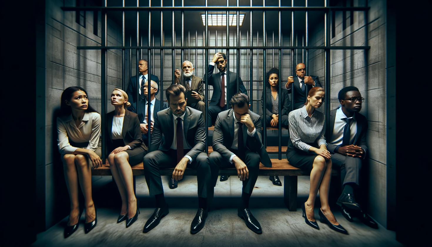 A board of directors sits in prison realising the enormity of their decision to have any oversight of the AI used in their business (Image generated by ChatGPT 4)