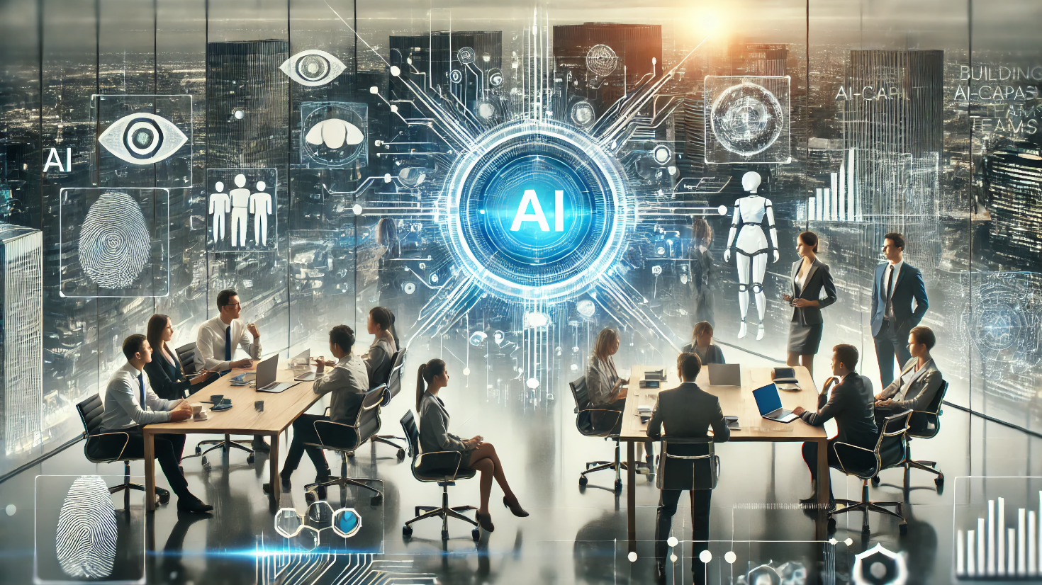 Futuristic business setting with diverse professionals collaborating in a sleek office, featuring holographic AI systems, data visualizations, and interconnected networks, symbolizing AI's transformative role in modern organizations (Image generated by ChatGPT 4)