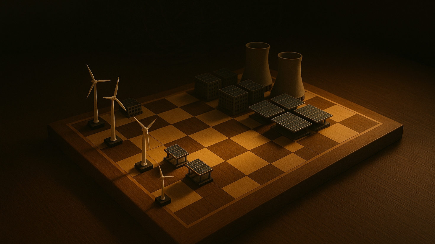 Photorealistic chessboard metaphor for energy sovereignty and AI infrastructure competition, with UK wind turbines and solar panels facing larger nuclear power plants and solar arrays, bathed in warm golden light with tangled cables in the background. (Image generated by ChatGPT 5)