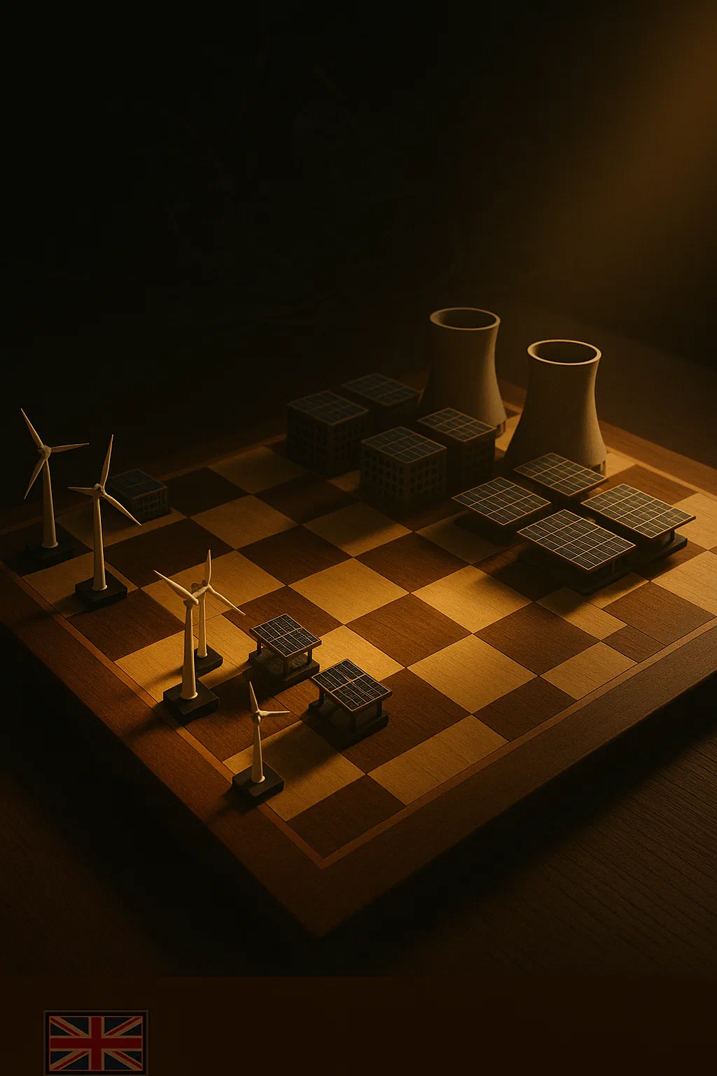 Photorealistic chessboard metaphor for energy sovereignty and AI infrastructure competition, with UK wind turbines and solar panels facing larger nuclear power plants and solar arrays, bathed in warm golden light with tangled cables in the background. (Image generated by ChatGPT 5)